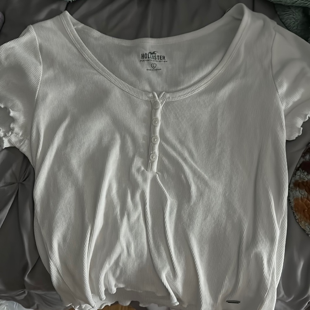 White Cropped Half Button Top
